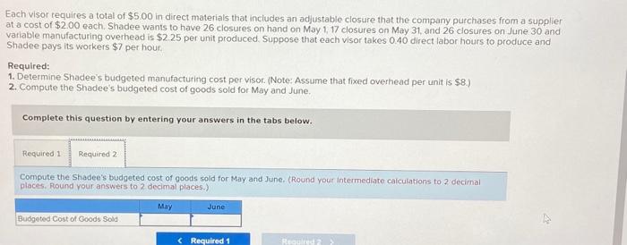 questions displayed below] Shadee Corp. expects to sell 520 sun visors in