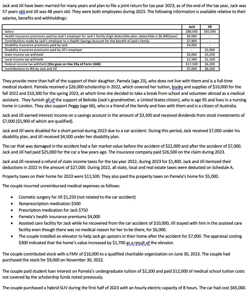 Please use this fact pattern and fill out 1040, please include any