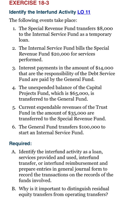  EXERCISE 18-3 Identify the Interfund Activity LO 11 The following events