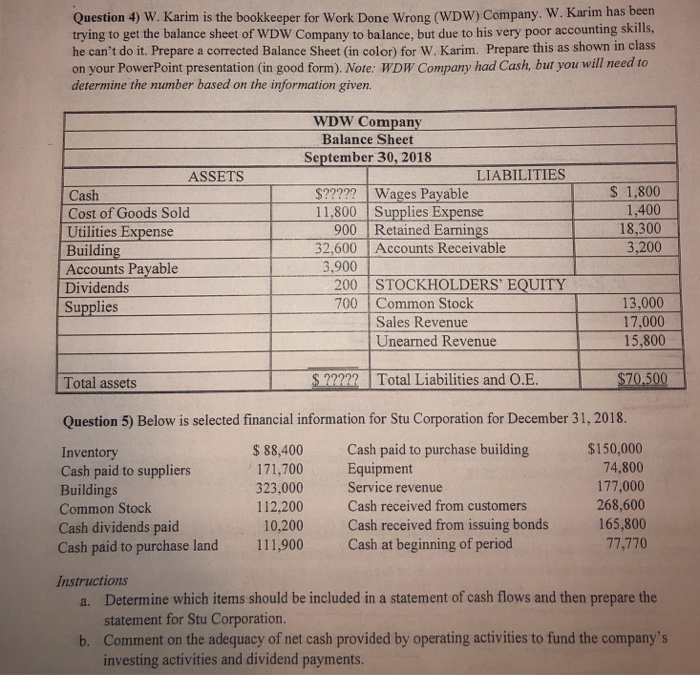  Question 4 and 5 need help Question 4) W. Karim is