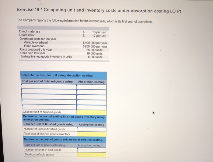  Exercise 19-1 Computing unit and inventory costs under absorption costing LO