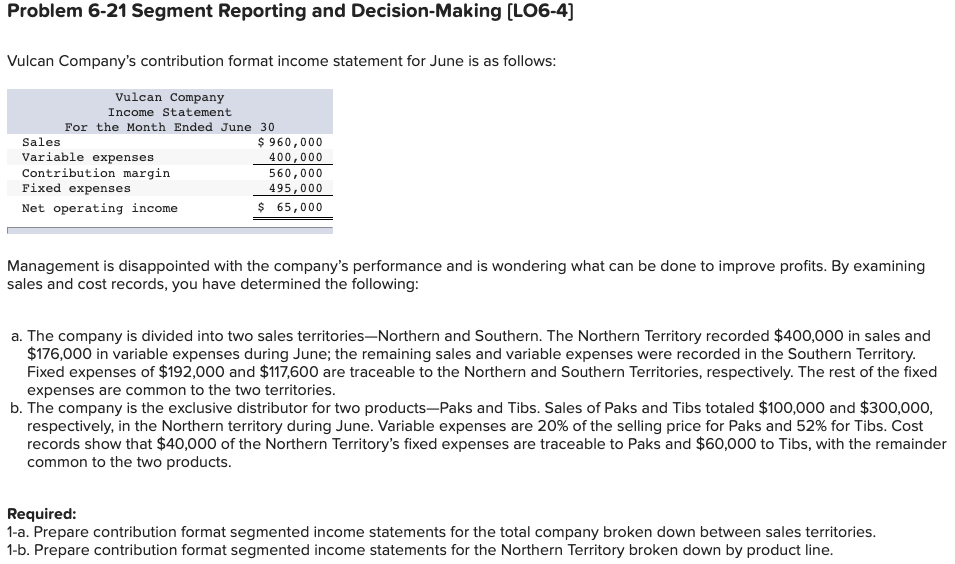 Please help! Problem 6-21 Segment Reporting and Decision-Making (LO6-4] Vulcan Company's contribution