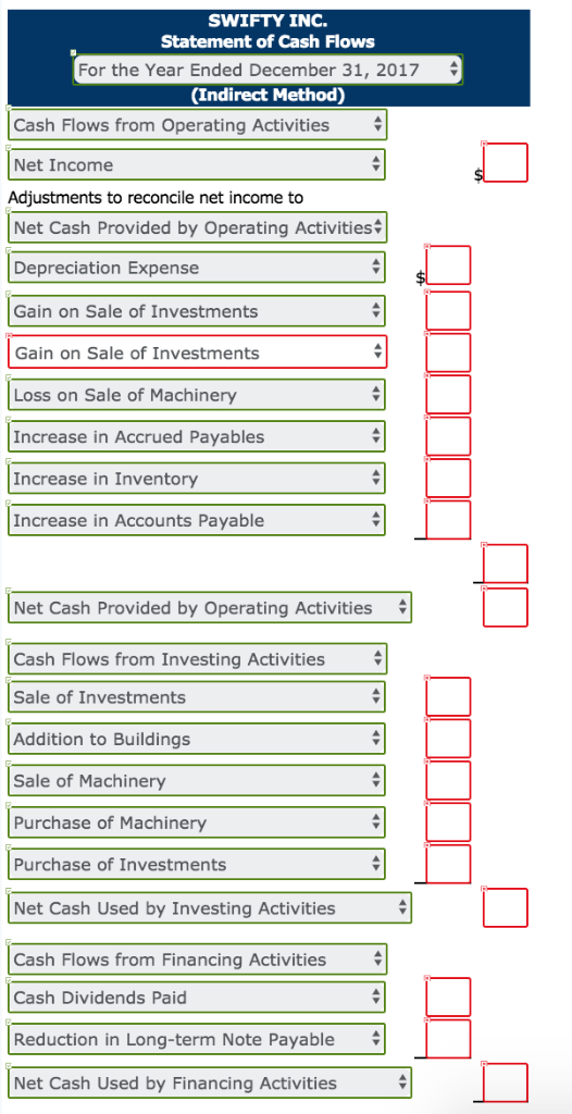 flows Comparative balance sheet accounts of Swifty Inc. are presented belovw SWIFTY