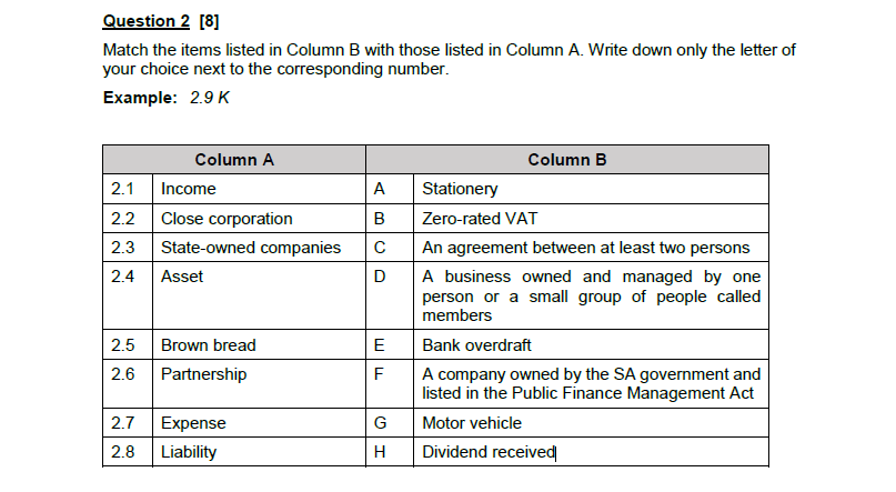  Question 2 [8] Match the items listed in Column B with