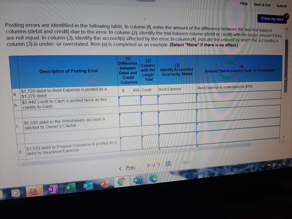 Help Save & Exit Submit Check my work Posting errors are