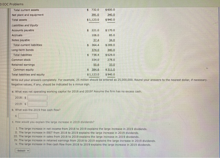  3 EOC Problems Total current assets Net plant and equipment Total