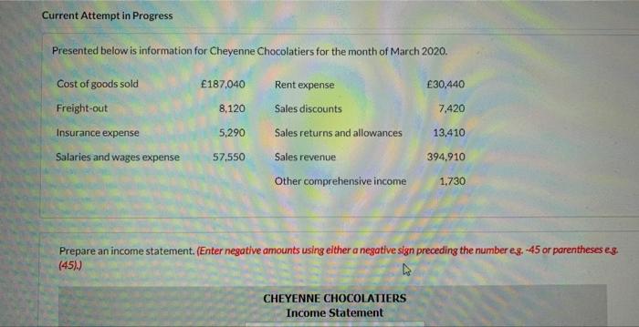  Current Attempt in Progress Presented below is information for Cheyenne Chocolatiers