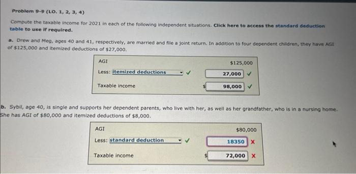  Problem 9-9 (LO. 1, 2, 3, 4) Compute the taxable income