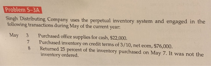  Problem 5-3A Problem 5-3A Singh Distributing Company uses the perpetual inventory