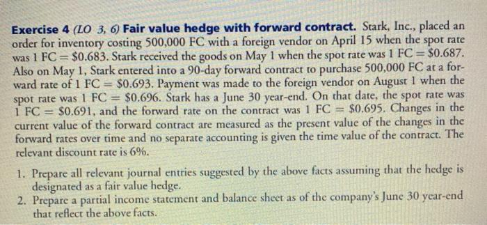  Exercise 4 (LO 3, 6) Fair value hedge with forward contract.