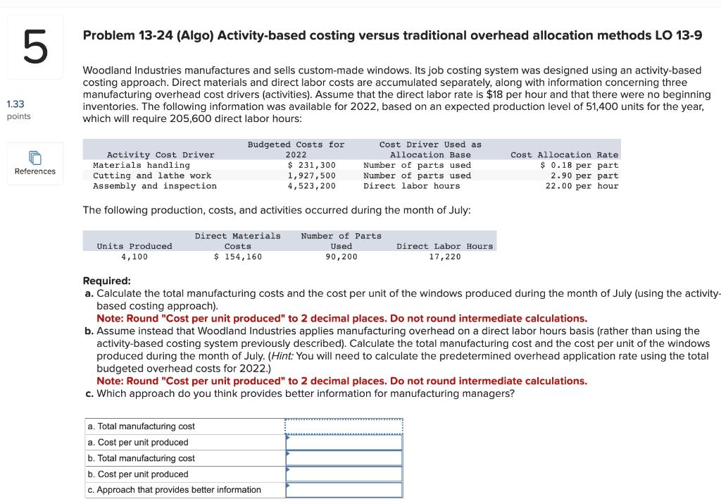 Problem 1324 (Algo) Activity-based costing versus traditional overhead allocation methods LO