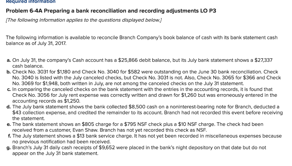 Required information Problem 6-4A Preparing a bank reconciliation and recording adjustments