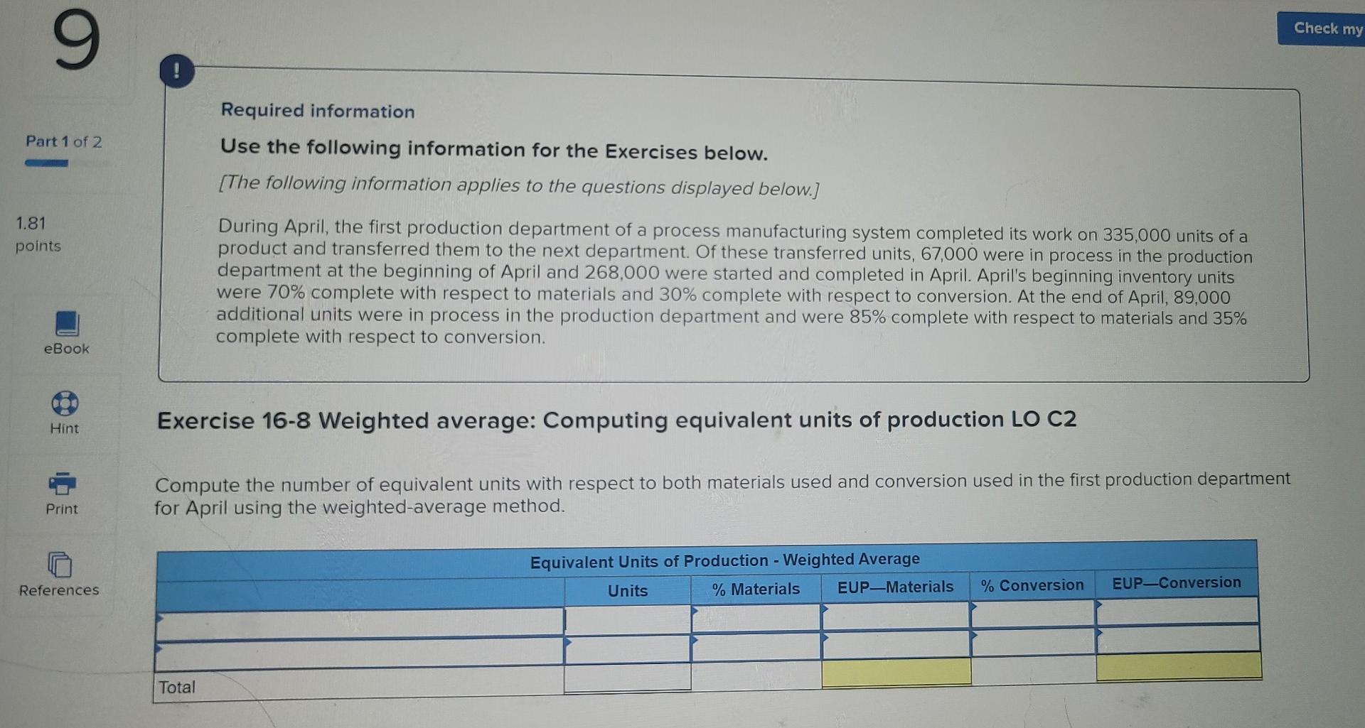 chapter 16 question 8 excersize 16-8 Check my 9 Part 1