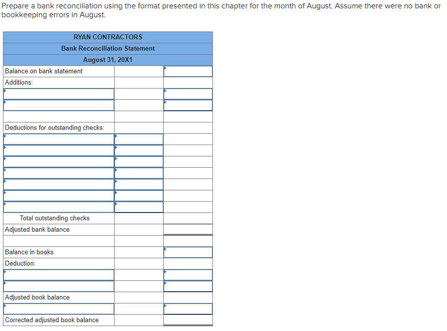 for the month of August. Assume there were no bank or bookkeeping