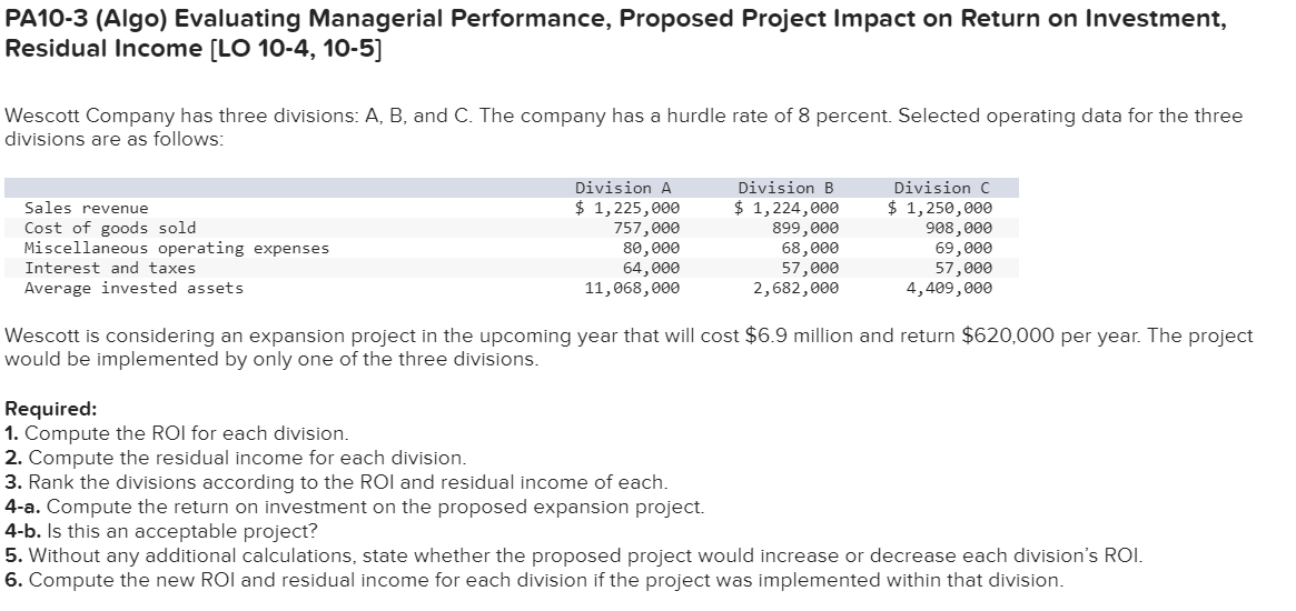 PA10-3 (Algo) Evaluating Managerial Performance, Proposed Project Impact on Return on