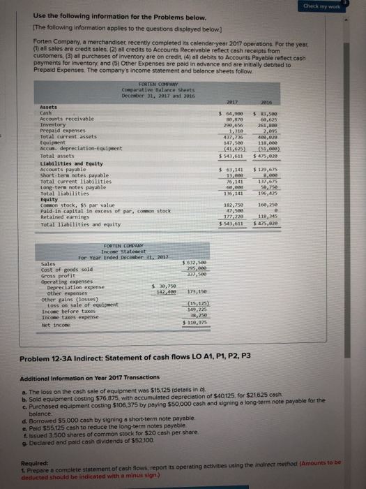  Check my work Use the following information for the Problems below.