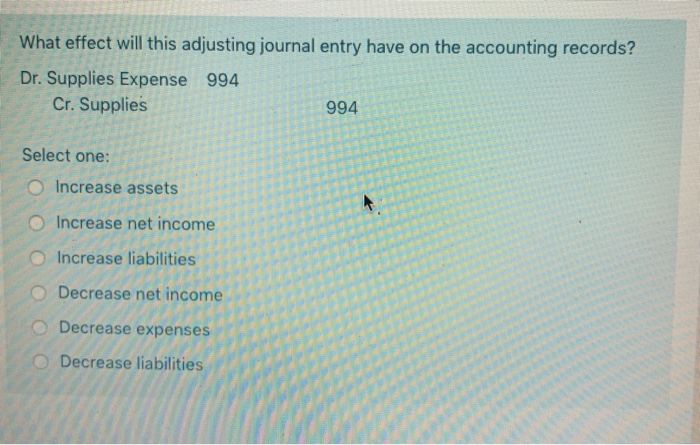  What effect will this adjusting journal entry have on the accounting
