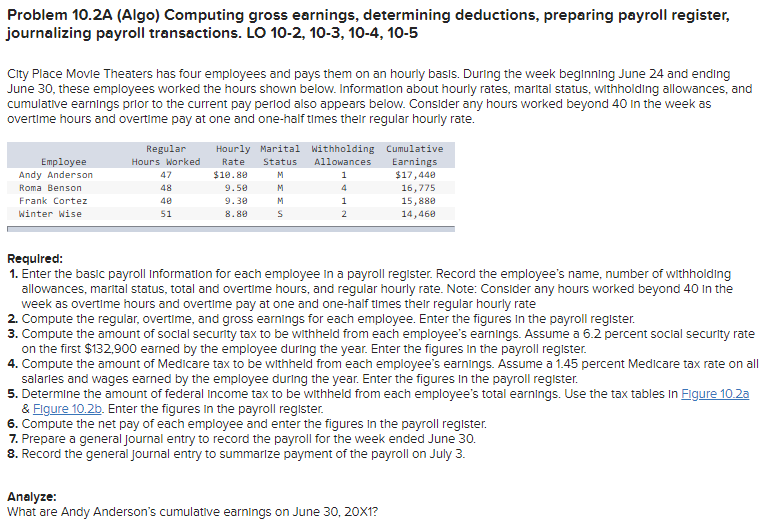 Problem 10.2A (Algo) Computing gross earnings, determining deductions, preparing payroll register, journalizing
