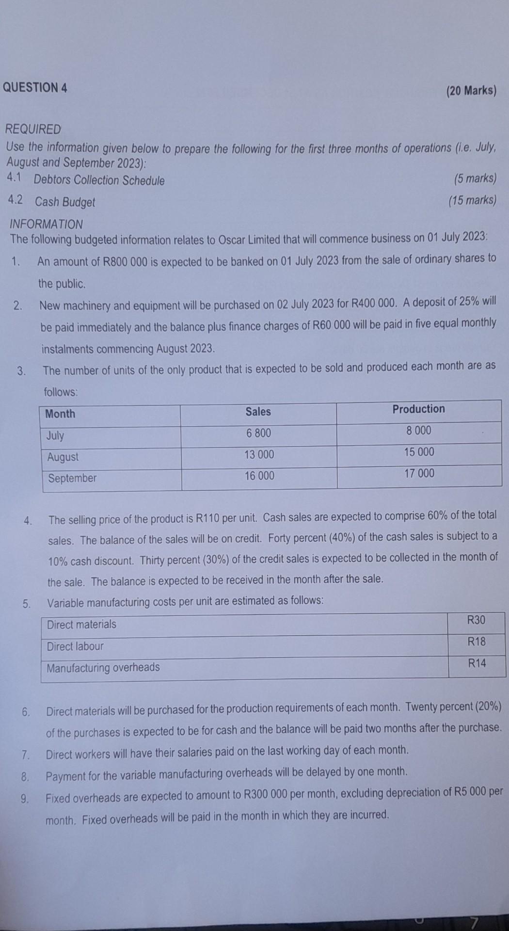 QUESTION 4 (20 Marks) REQUIRED Use the information given below to