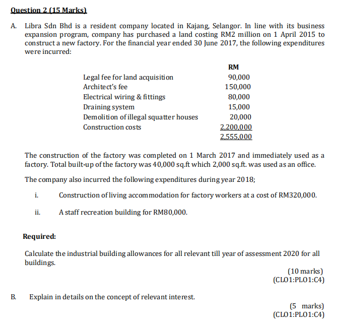 Question 2 (15 Marks) A. Libra Sdn Bhd is a resident