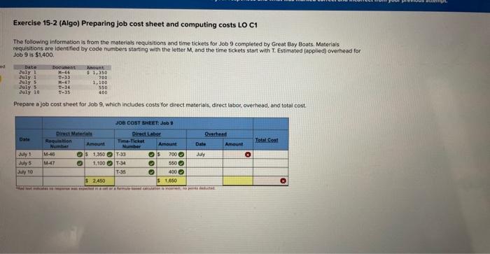  Exercise 152 (Algo) Preparing job cost sheet and computing costs LO