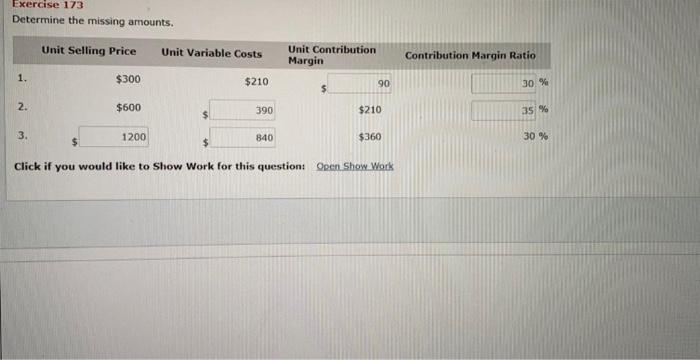  Exercise 173 Determine the missing amounts. Unit Selling Price Unit Variable