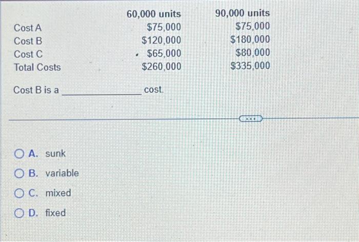  Cost B is a cost. A. sunk B. variable C. mixed