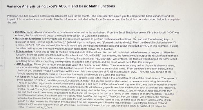 help Variance Analysis using Excel's ABS, IF and Basic Math Functions Patterson,