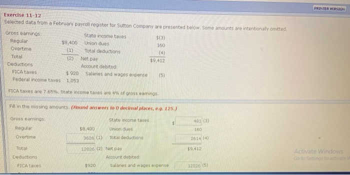  PRINTER VERSION Exercise 11 12 Selected data from a February payroll
