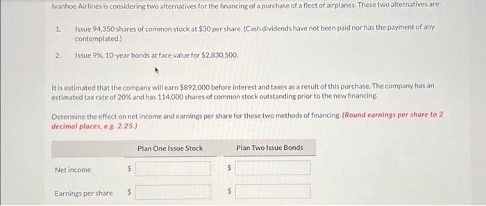 solve Ivanhoe Airlines is considering two alternatives for the financing of a