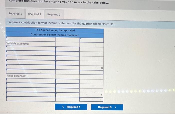 The company assembled the information shown below for the quarter ended March