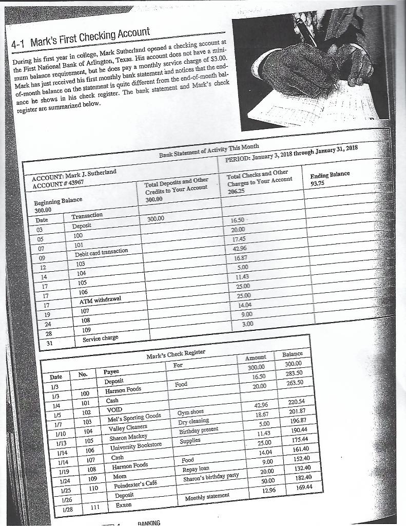 Answer the following questions 4-1 Mark's First Checking Account During his