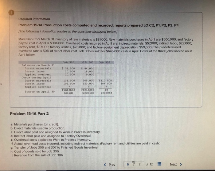  Required information Problem 15-1A Production costs computed and recorded; reports prepared