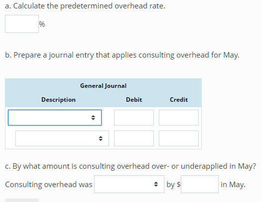 Calculate and Use Overhead Rate Selected data for the consulting department of