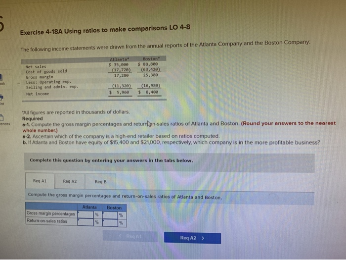  Exercise 4-18A Using ratios to make comparisons LO 4-8 The following