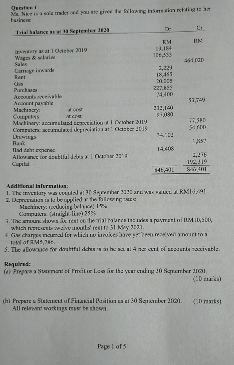  Question 1 Ms. Nice is a sole trader and you are
