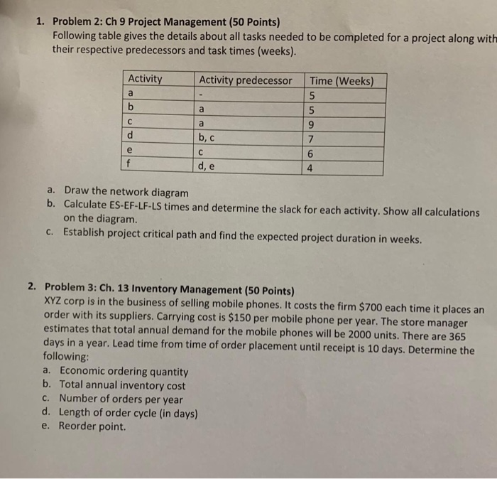  Problem 2: Ch 9 Project Management (50 Points) Following table gives