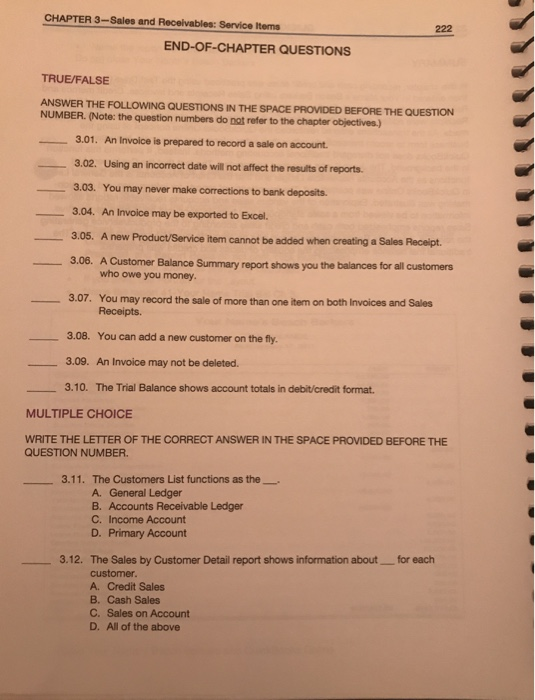 CHAPTER 3-Sales and Receivables: Service Items END-OF-CHAPTER QUESTIONS TRUE/FALSE ANSWER THE