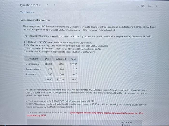 help please :) Current Attempt in Progress The management of Cullumber Manufacturing