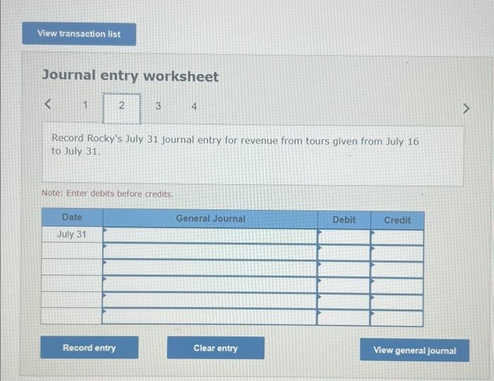 Rocky's July 15 journal entry to record revenue for tours given from