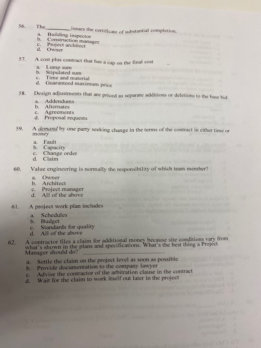  56. substantial completion. The issues the certificate a Building inspector b.