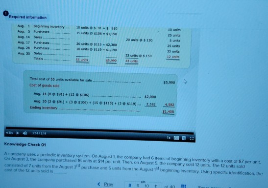 Required information 10 units Aug Aug. Beginning invertory ... Purchases... 10