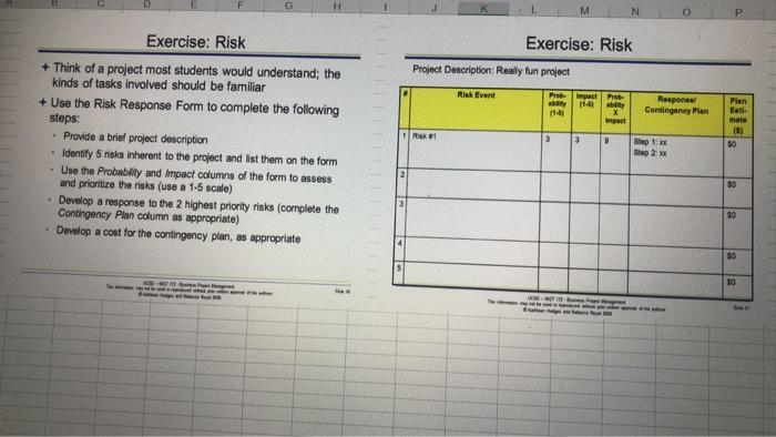 D G H M N O P Exercise: Risk Project Description:
