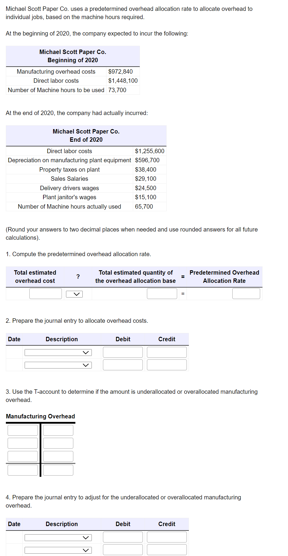  Michael Scott Paper Co. uses a predetermined overhead allocation rate to