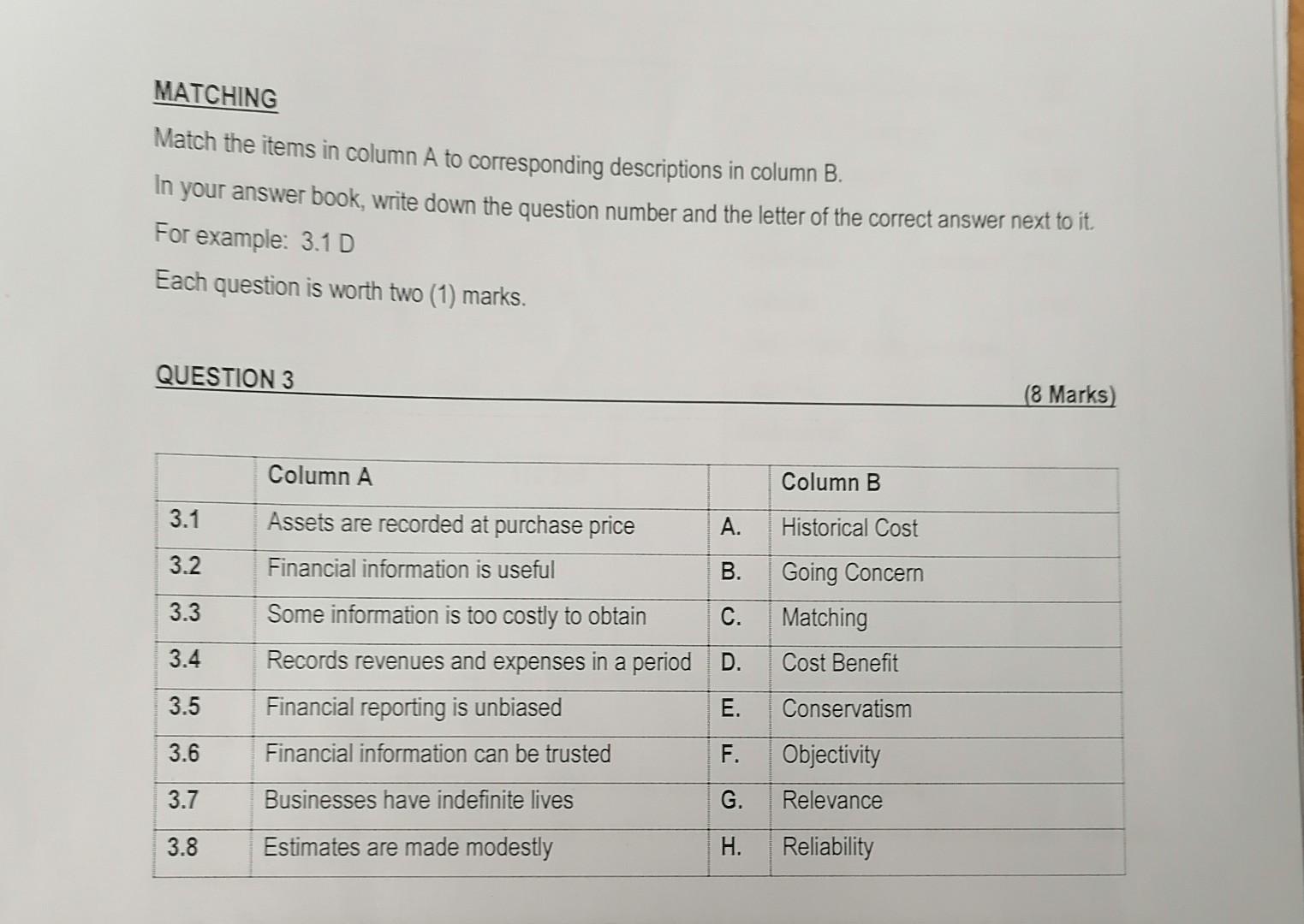  MATCHING Match the items in column A to corresponding descriptions in