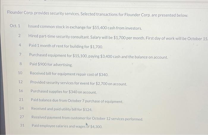 A. Journalize the transactionsB. Trial Balance C. tabular analysis Flounder Corp. provides