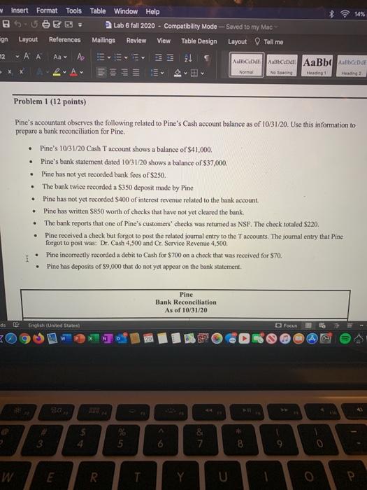  Insert Format Tools Table Window Help +14% Lab 6 fall 2020