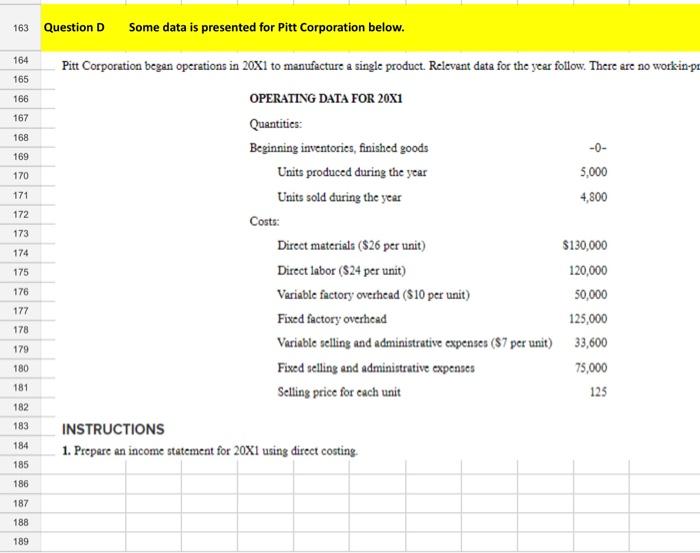  163 Question D Some data is presented for Pitt Corporation below.