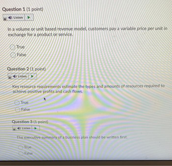 Question 1 (1 point) Listen In a volume or unit based