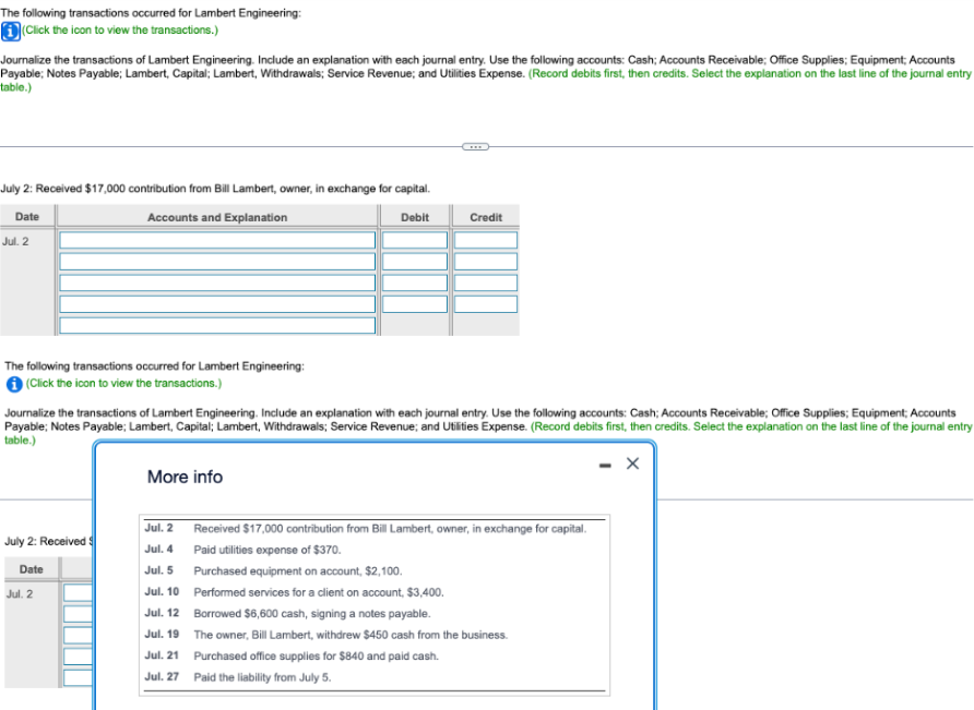 Journalize the transactions of Lambert Engineering. Include an explanation with each journal